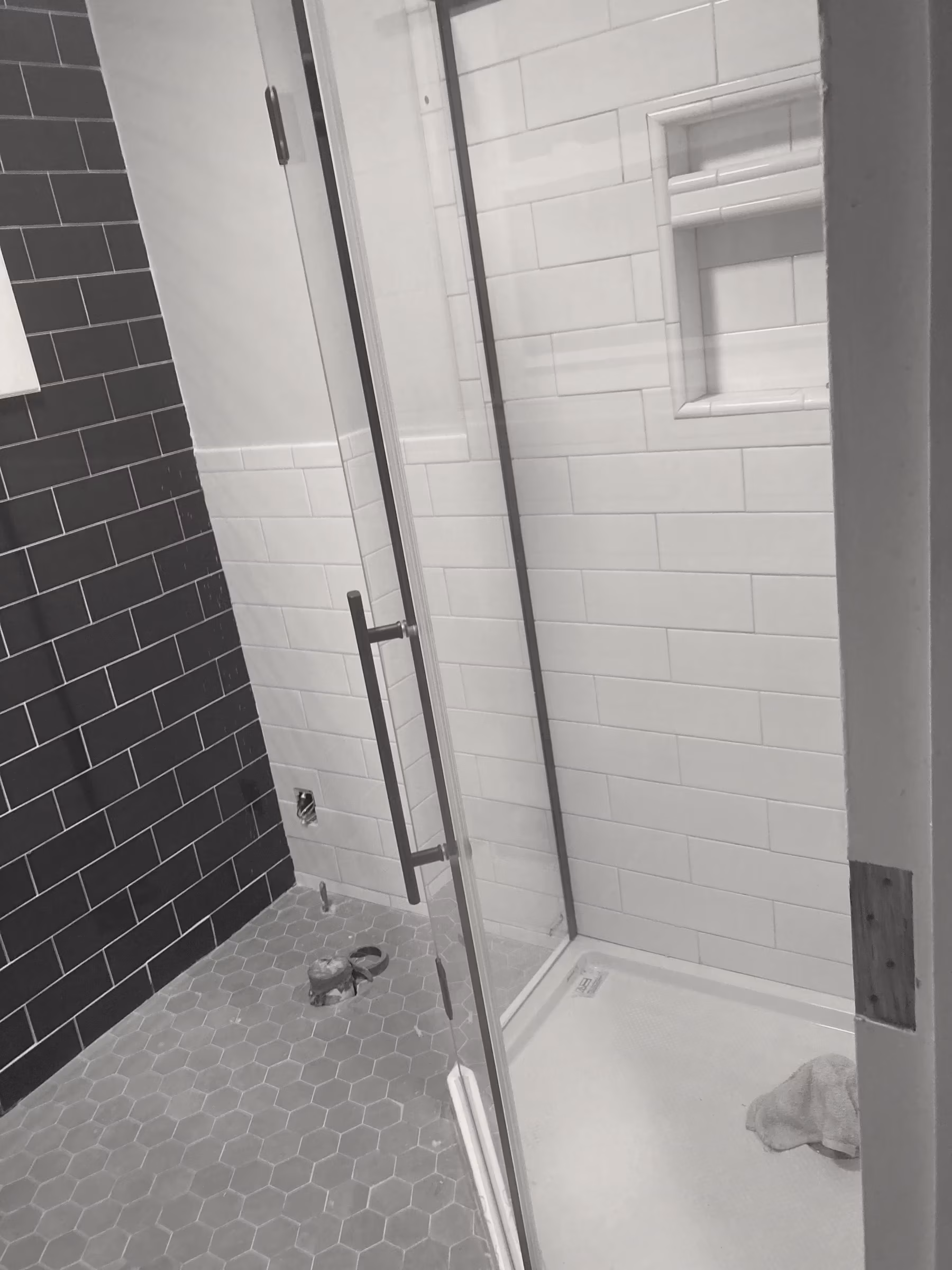 Tile · shower · blue feature, hex floor