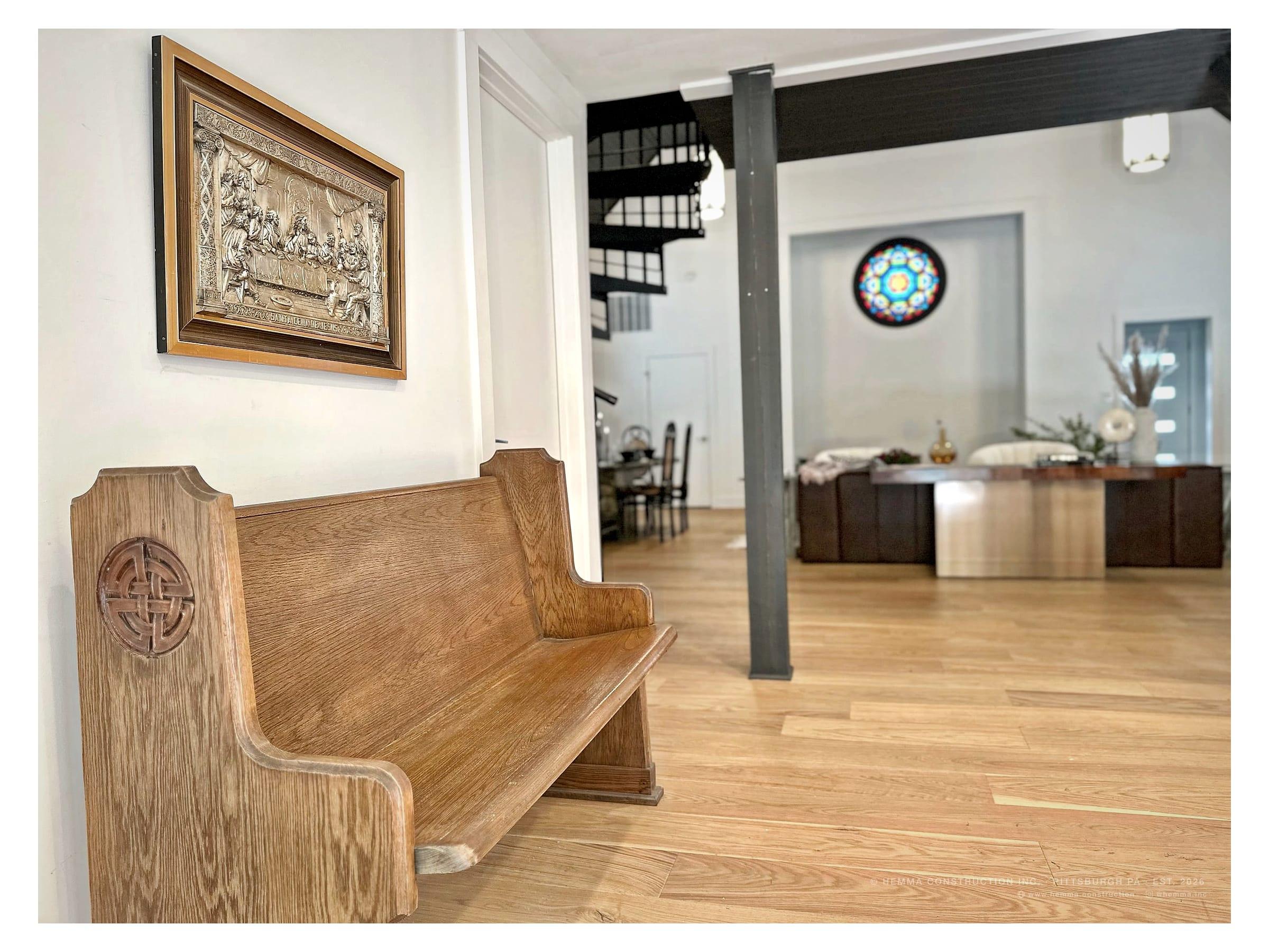 Full view of the converted nave — living room with original volume