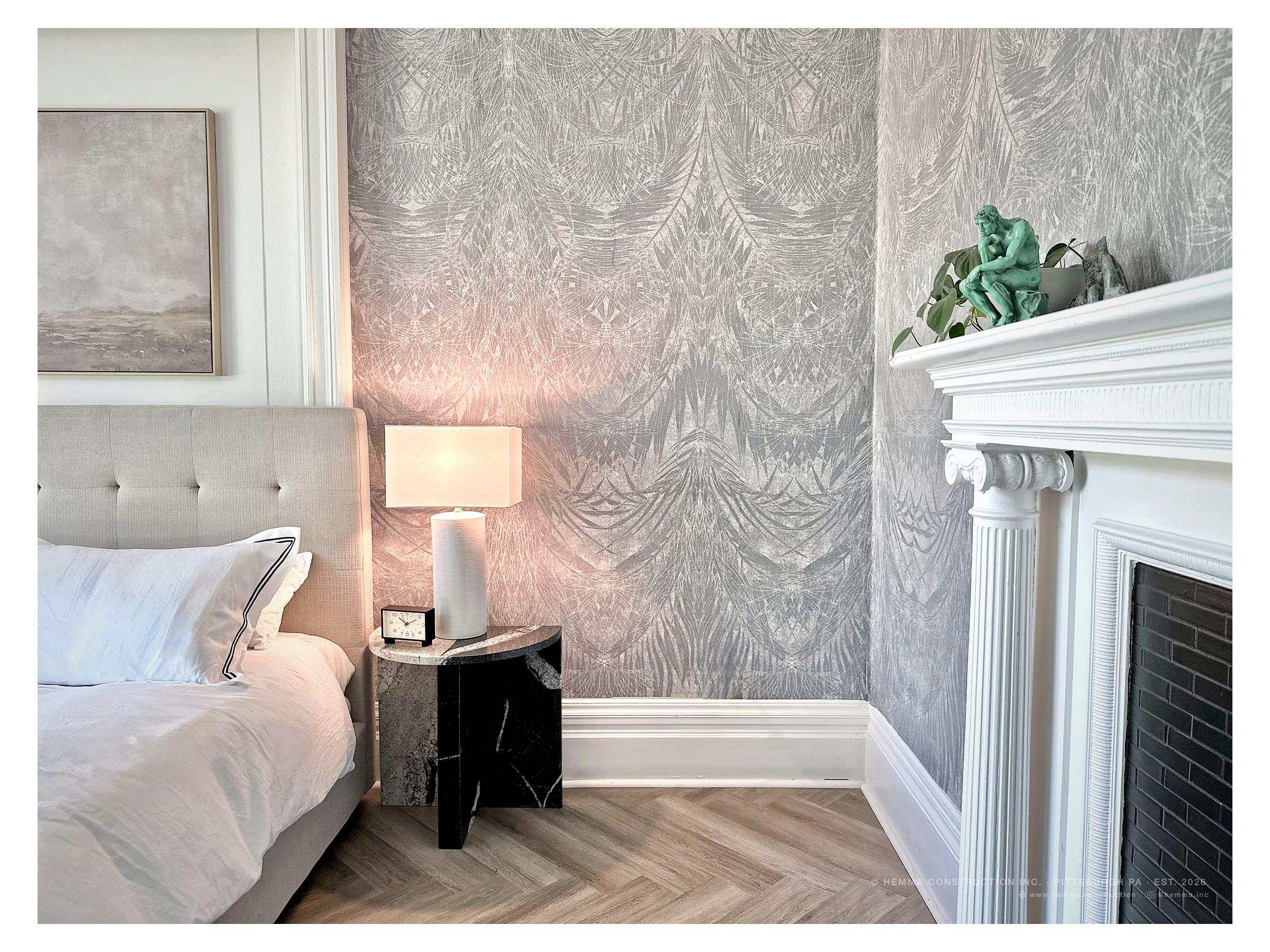 Bedroom with fireplace, original mantel and wallpaper