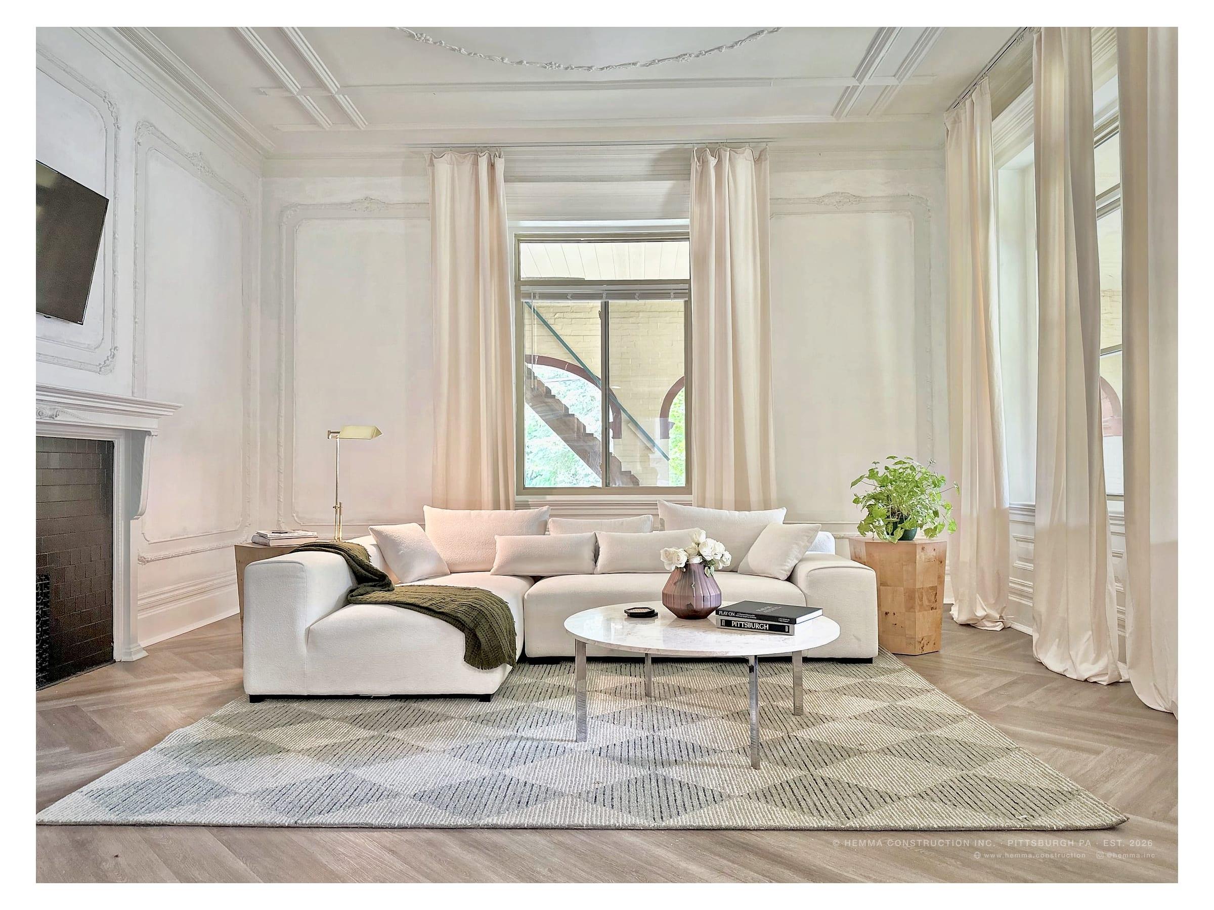 Living room, full width — ornamental plaster ceiling and curtains