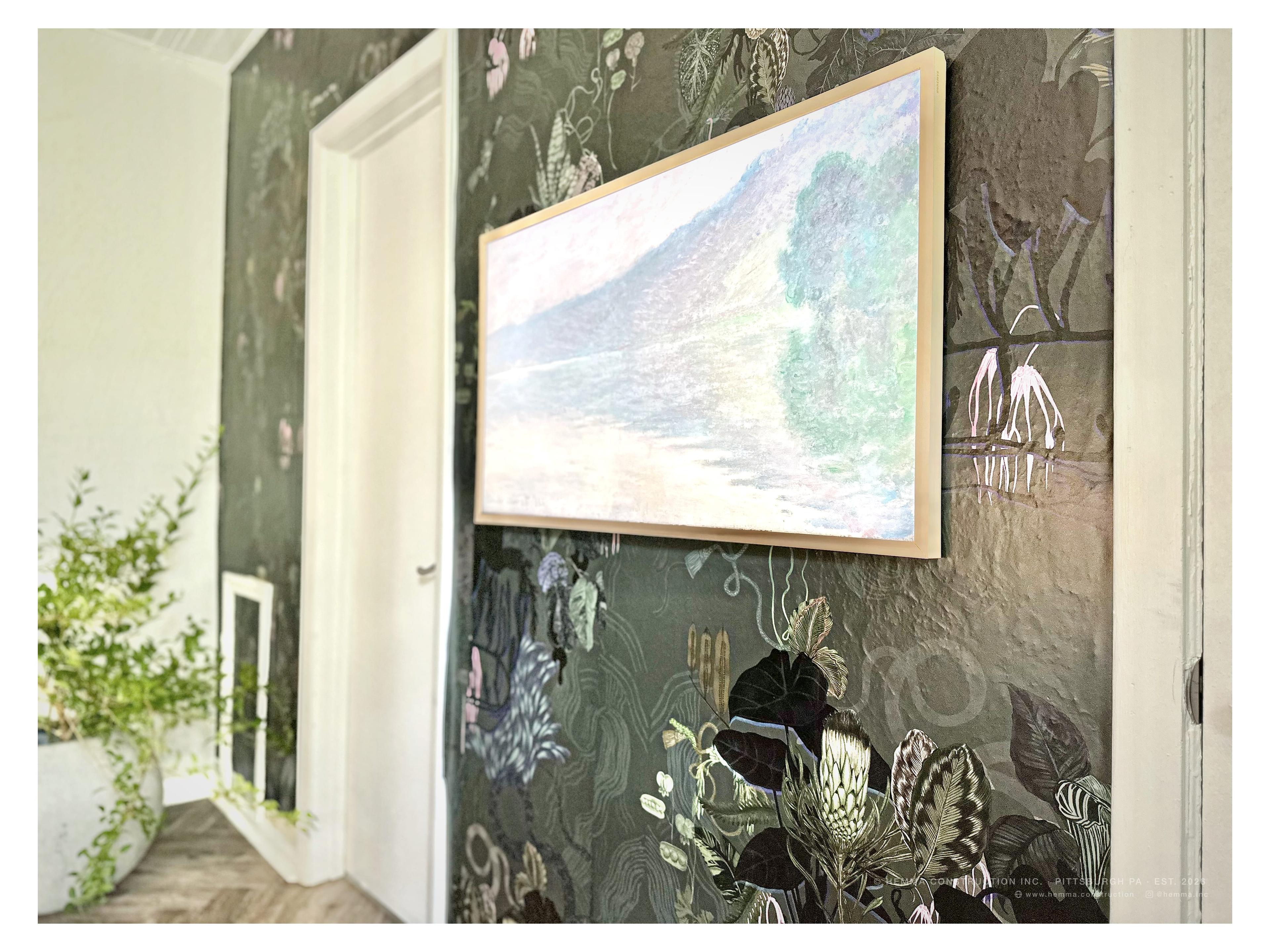 Entry hallway — deep botanical wallpaper with framed landscape painting