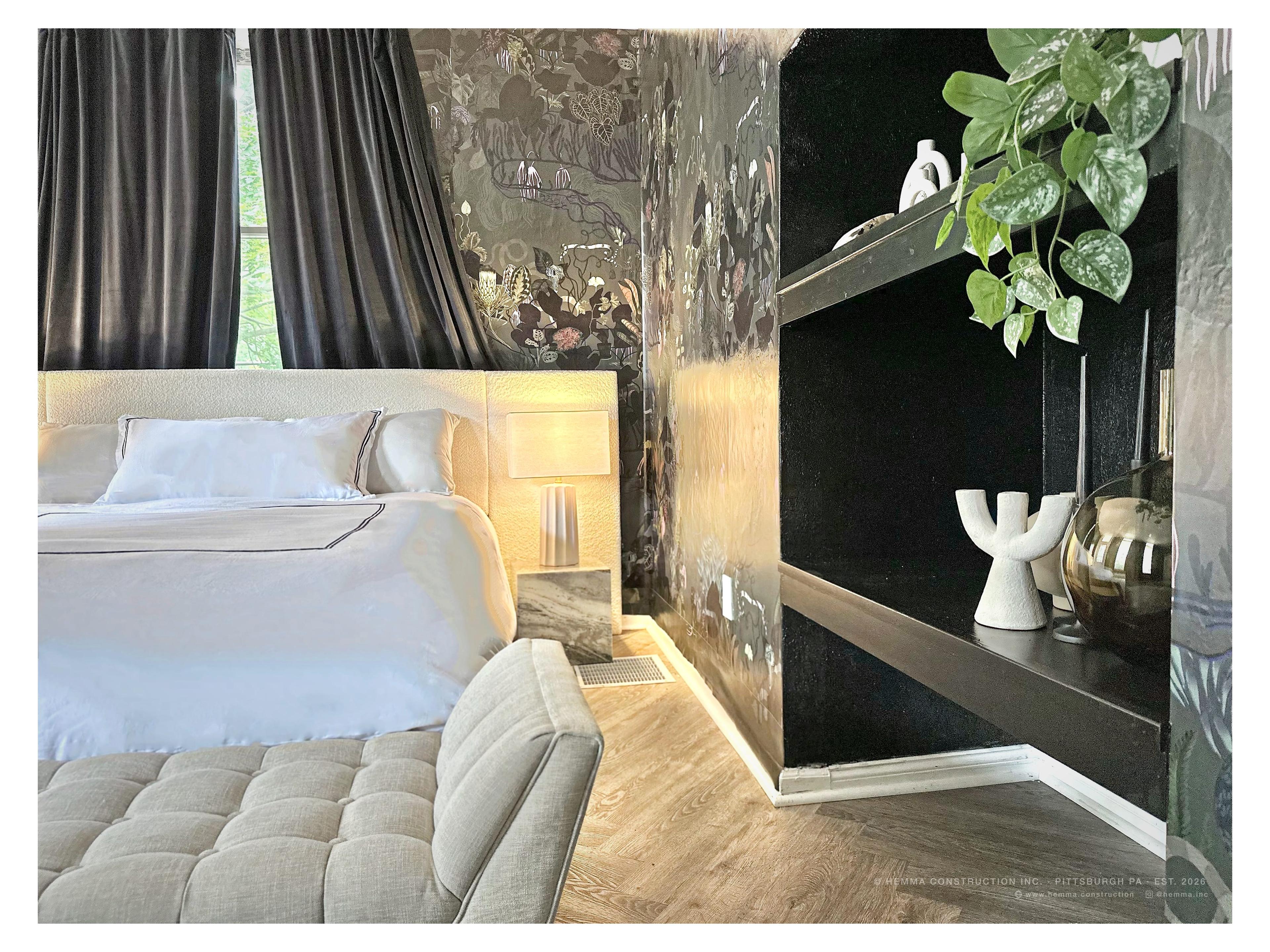 Bedroom full room — botanical wallpaper, herringbone floor, tufted bench