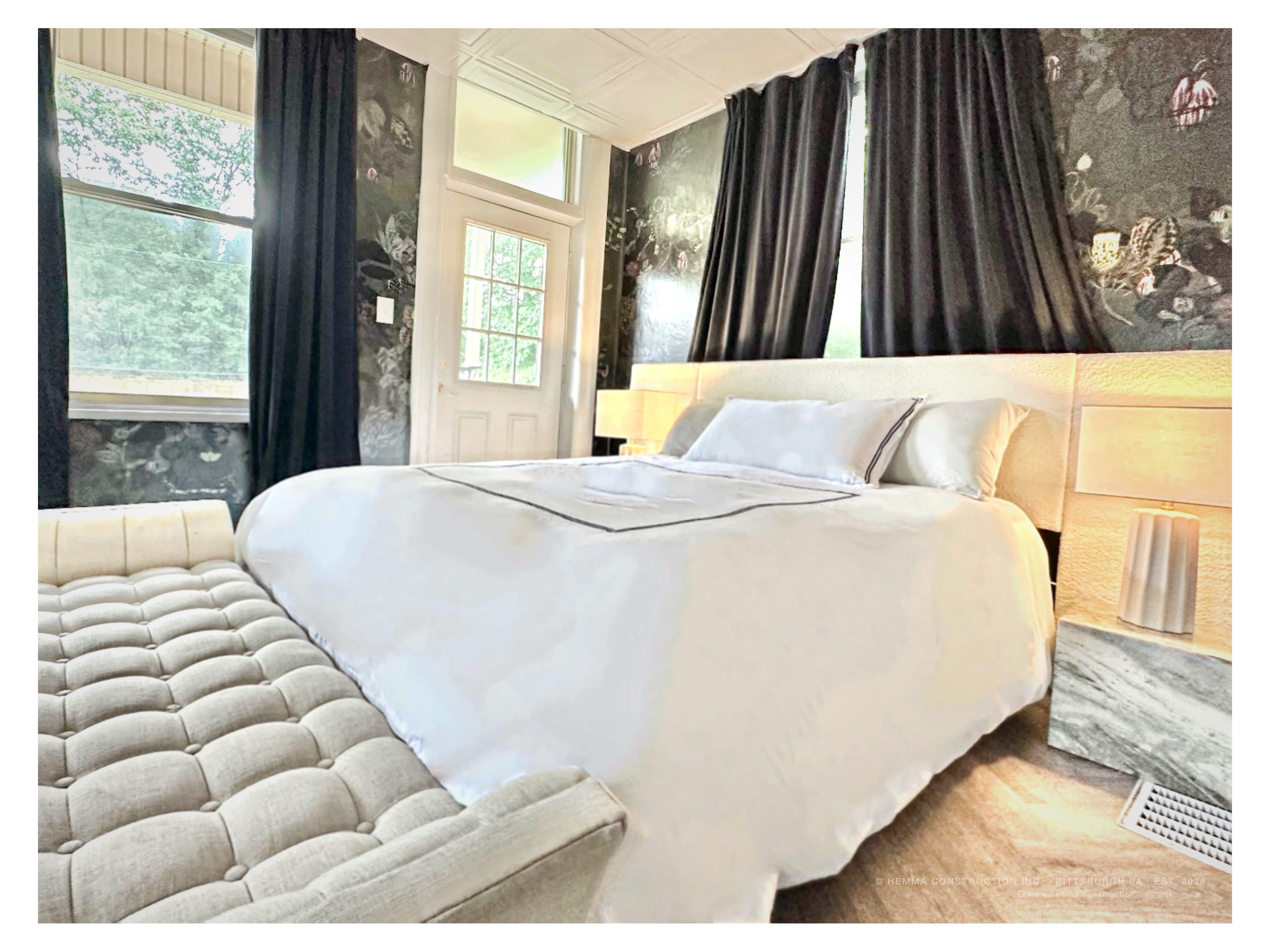 Bedroom with garden door — botanical wallpaper, herringbone floor