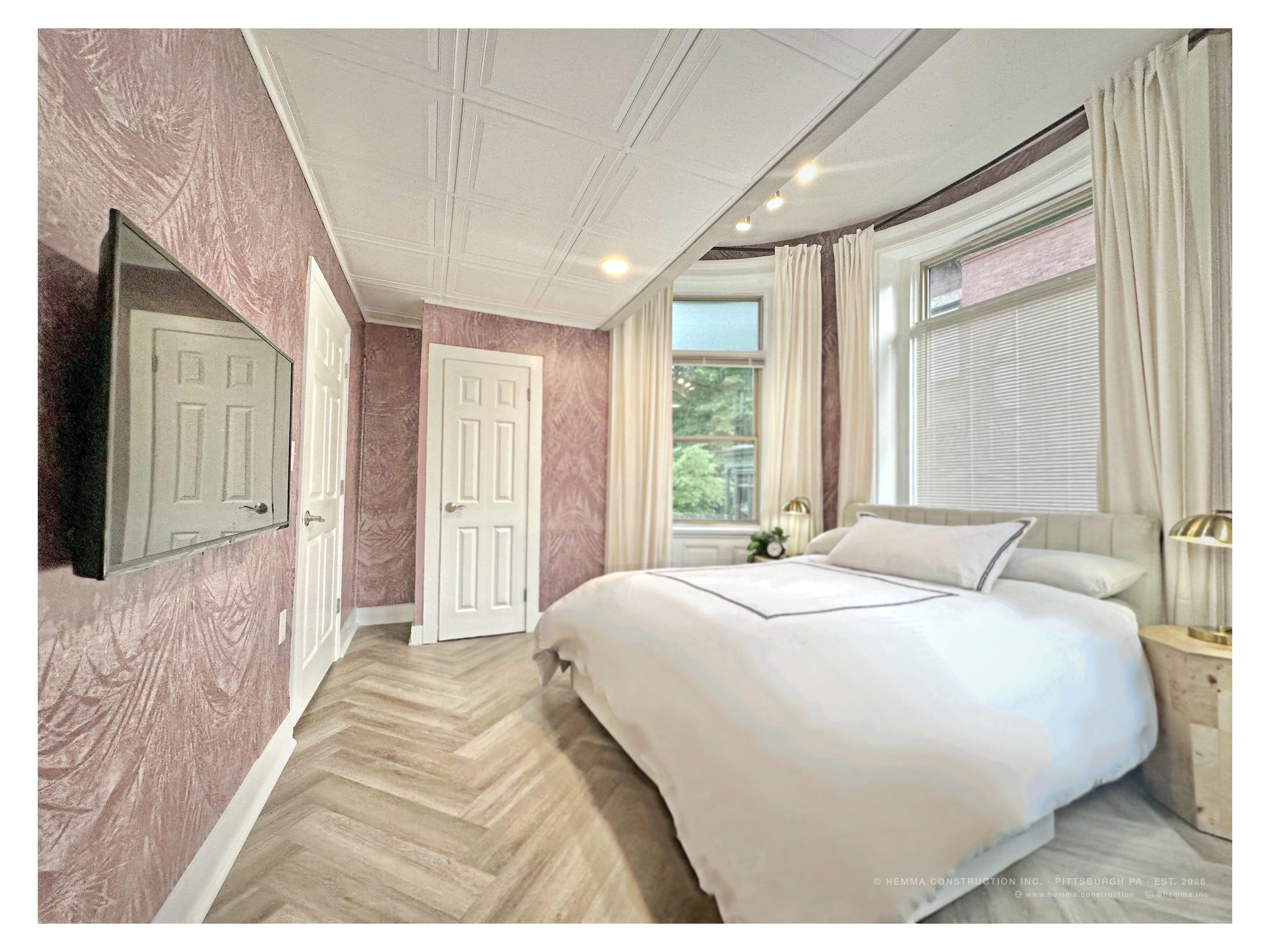 Bedroom full room — pink botanical wallpaper, bay window, herringbone floor