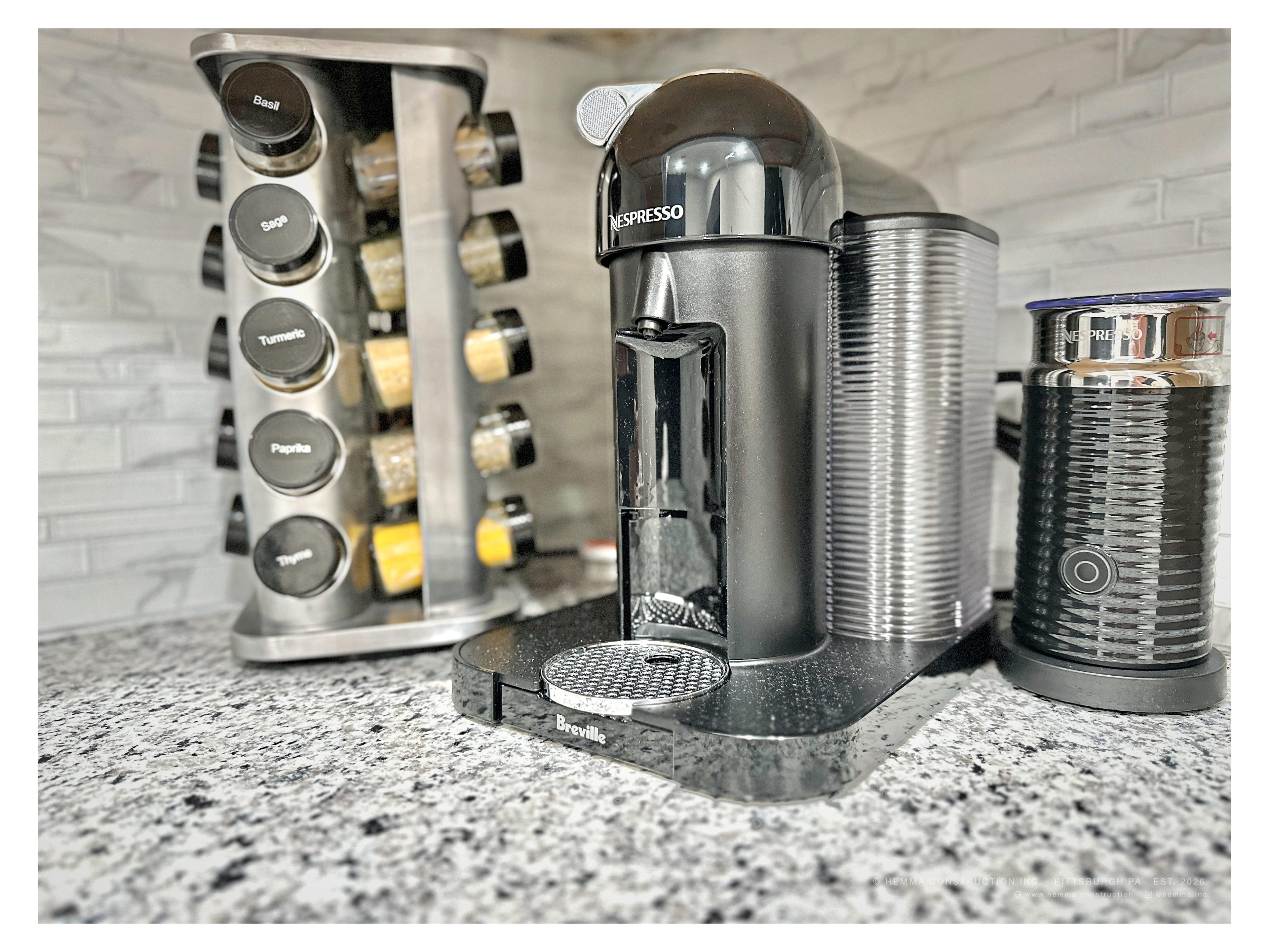 Kitchen counter — Nespresso machine and spice rack