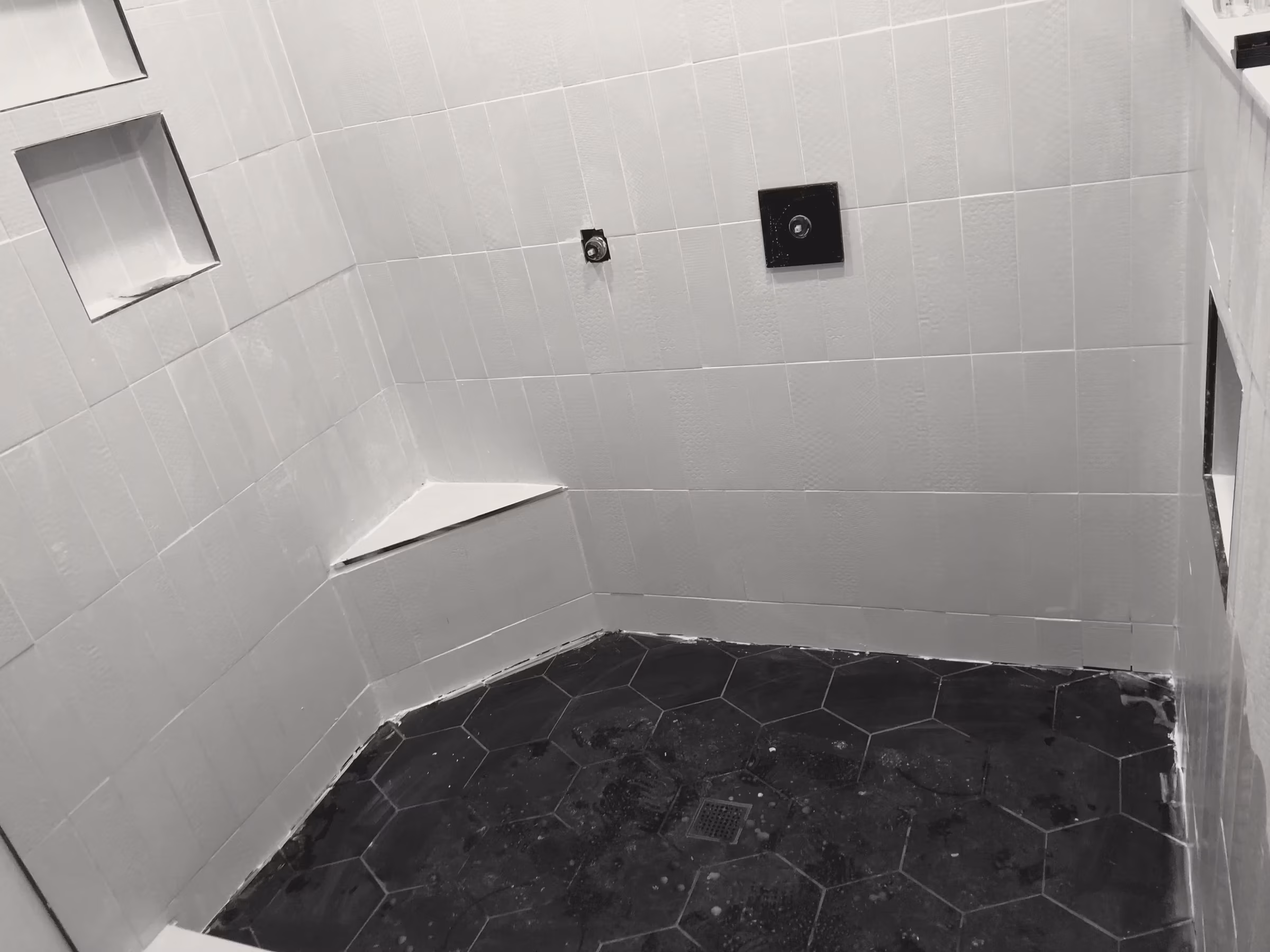 Tile · shower · subway, hex floor